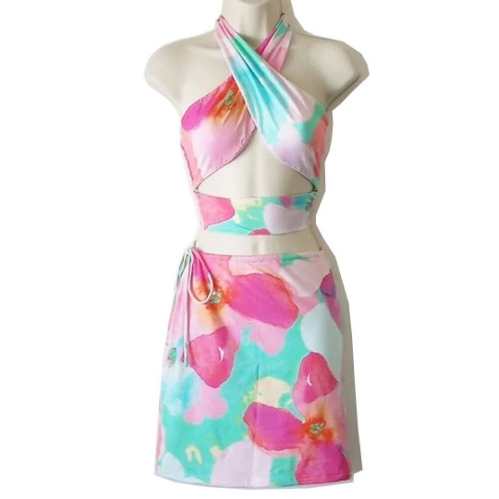 Set S/M Tiger Mist Tropical Floral Wrap Halter Top Skirt Fully Lined